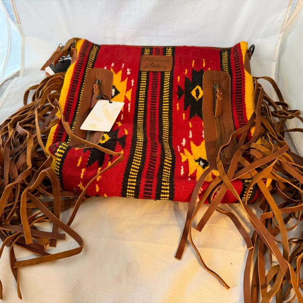 American Darling Southwestern Red Yellow Multi Crossbody Bag with Tan Leather - Picture 7 of 11